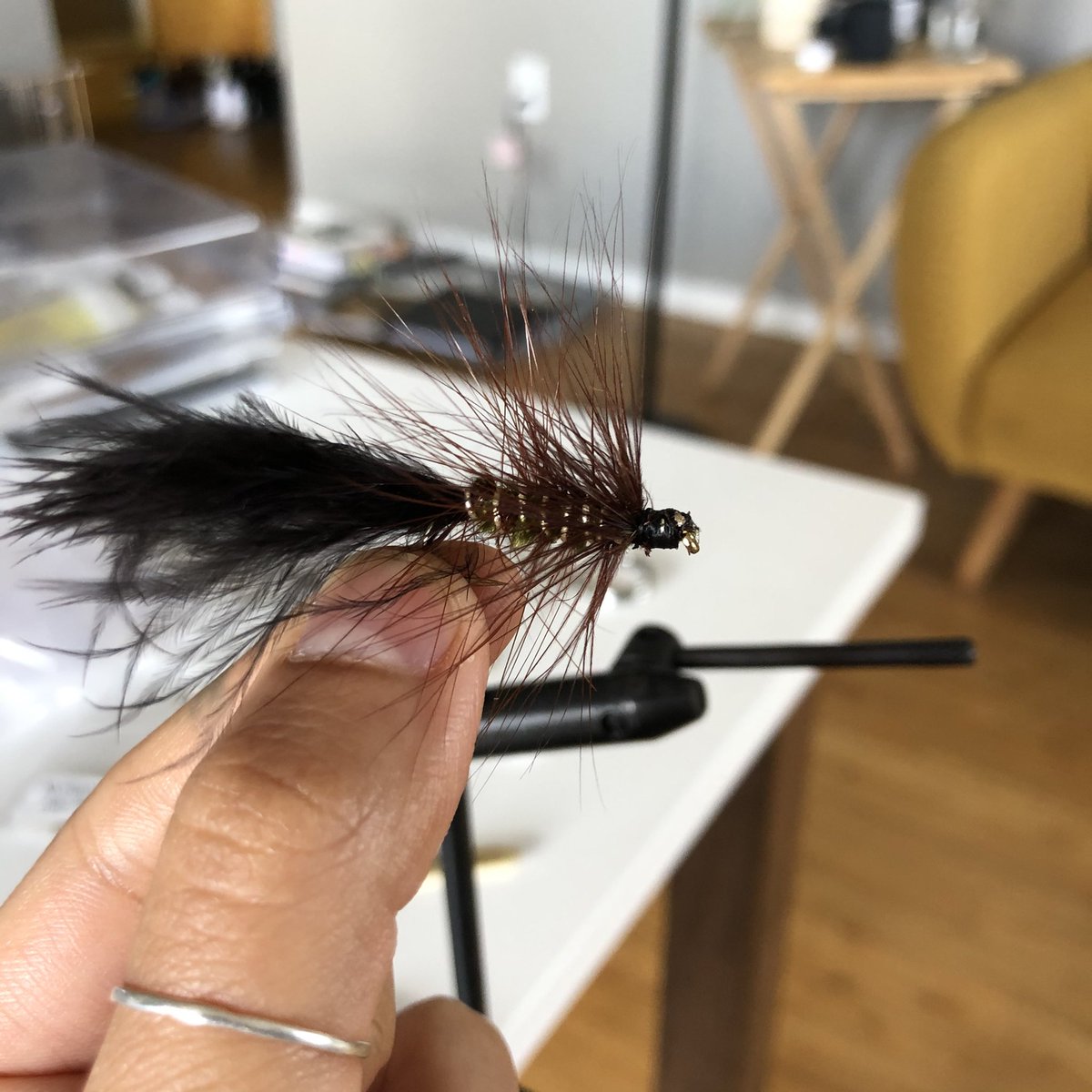 perpetuals3lf's tweet photo. Behold! My first foray into fly tying! The head of this Wooly Bugger is a little sloppy but not a bad first try, if I do say so myself 😁. Can’t wait to tempt some trout with this soon #flyfishing #flytying #woolybugger https://t.co/rdvorpTuOt