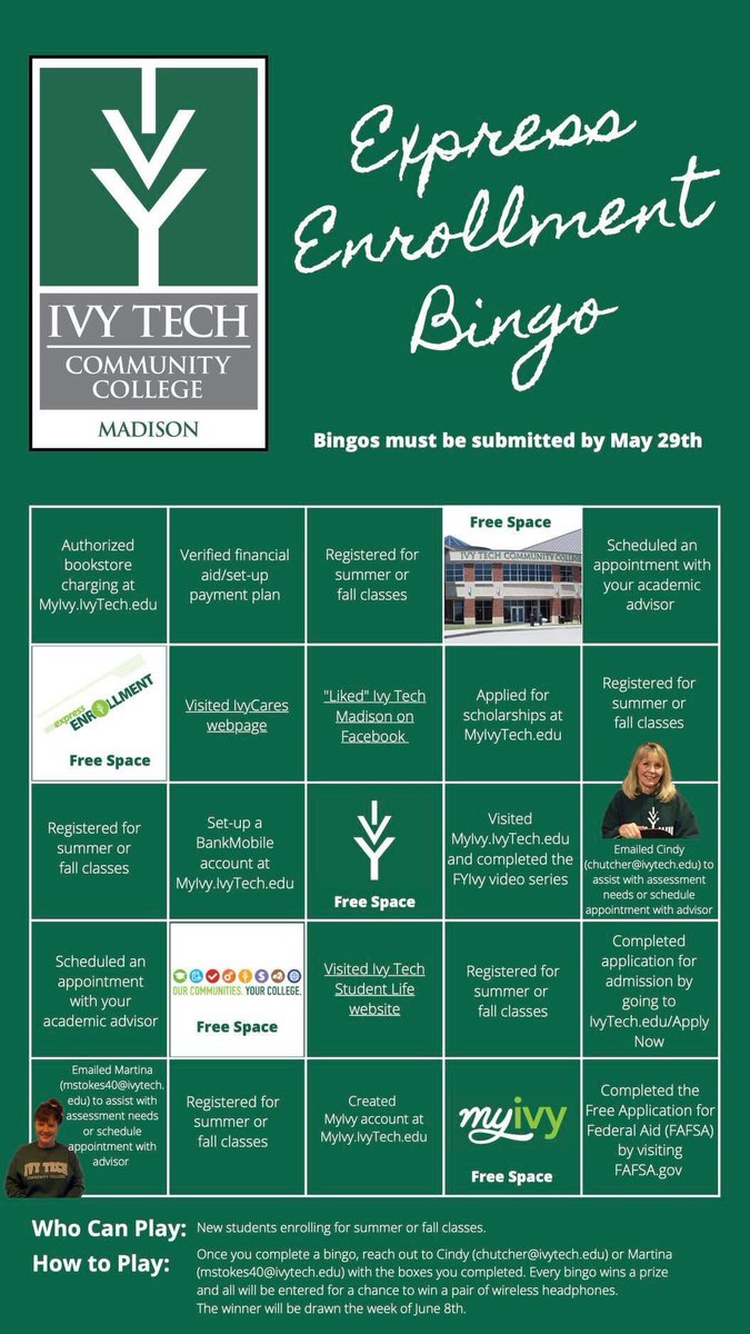 blue_eyedmolly's tweet photo. BINGO! Are you ready to start your enrollment journey at Ivy Tech? We encourage new students to go for a bingo! Every bingo wins a prize and all will be entered to win a pair of wireless headphones. #ivytechmadison https://t.co/WzxfkOYtkt