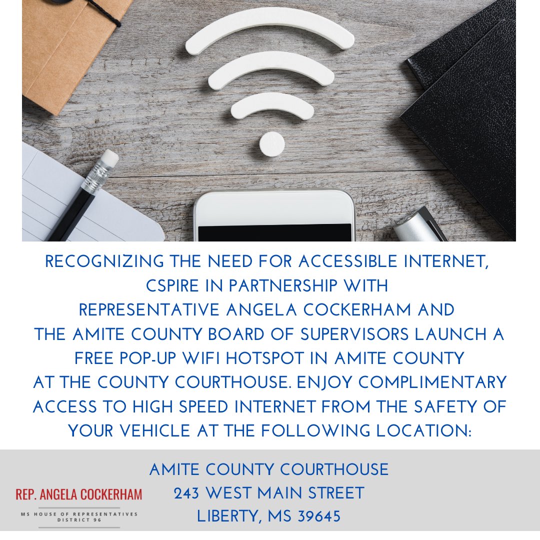 repcockerham's tweet photo. During these critical times, our goal is to ensure you have access to the essentials. Iโve partnered with @CSpire and the Amite County Board of Supervisors to provide complimentary pop up WiFi access. Details below. #AmiteCounty https://t.co/N8IkGTnsLF