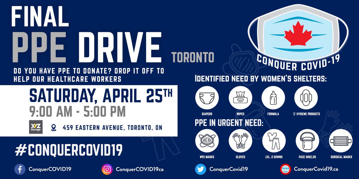 We will be hosting our last PPE Drive in Toronto <a href="/xyzstorage/">XYZ Storage</a> this Saturday from 9-5pm! 

This will be the last PPE Drive that we will be holding in Toronto. So if you live in the GTA and have PPE to donate, please drop by. 

Thank you for your continued support #ConquerCOVID19