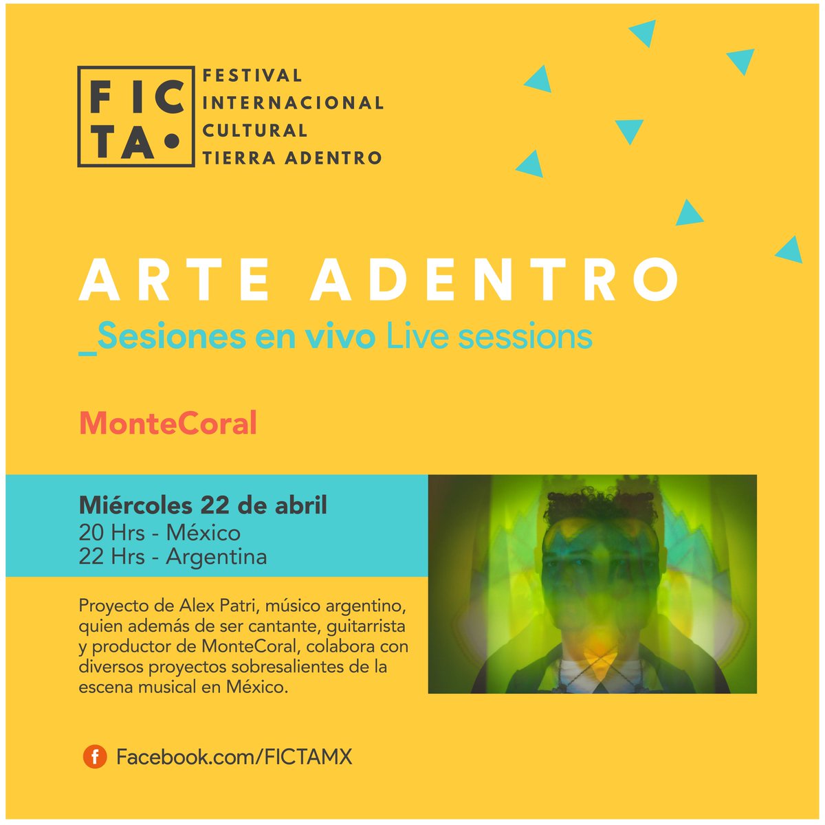 FICTA_MX's tweet photo. A LAS 20 HRS MÉXICO, 22 HRS ARGENTINA, @_AlexPatri_  de #MonteCoral dará un concierto desde casa por nuestro FB live. Que no se te pase :) https://t.co/AouWLveEO8