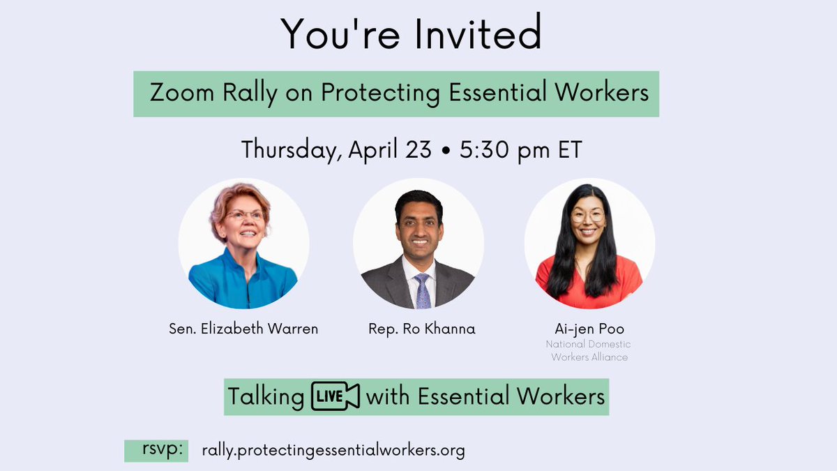 Essential workers are our path out of this pandemic. They care for us and we need to care for them. Join me,  @SenWarren  @reprokhanna and essential workers in a zoom rally to talk about what we can do to protect the workers keeping us safe.  #ewbor  #ProtectEssentialWorkers