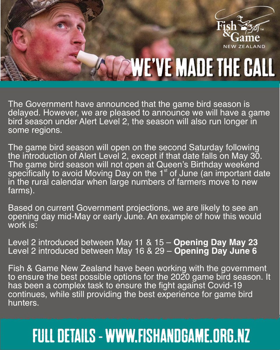 Game bird season opening confirmed.

More info at: fishandgame.org.nz/news/game-bird…