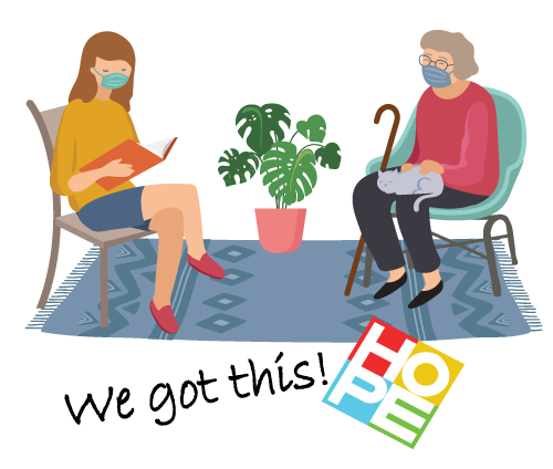 "We got this!" An older adult with a cane sits with another person