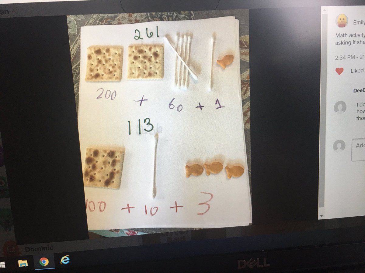 I love seeing my students’ work in Class Dojo. This student used saltine crackers, Qtips, and goldfish crackers to show place value.