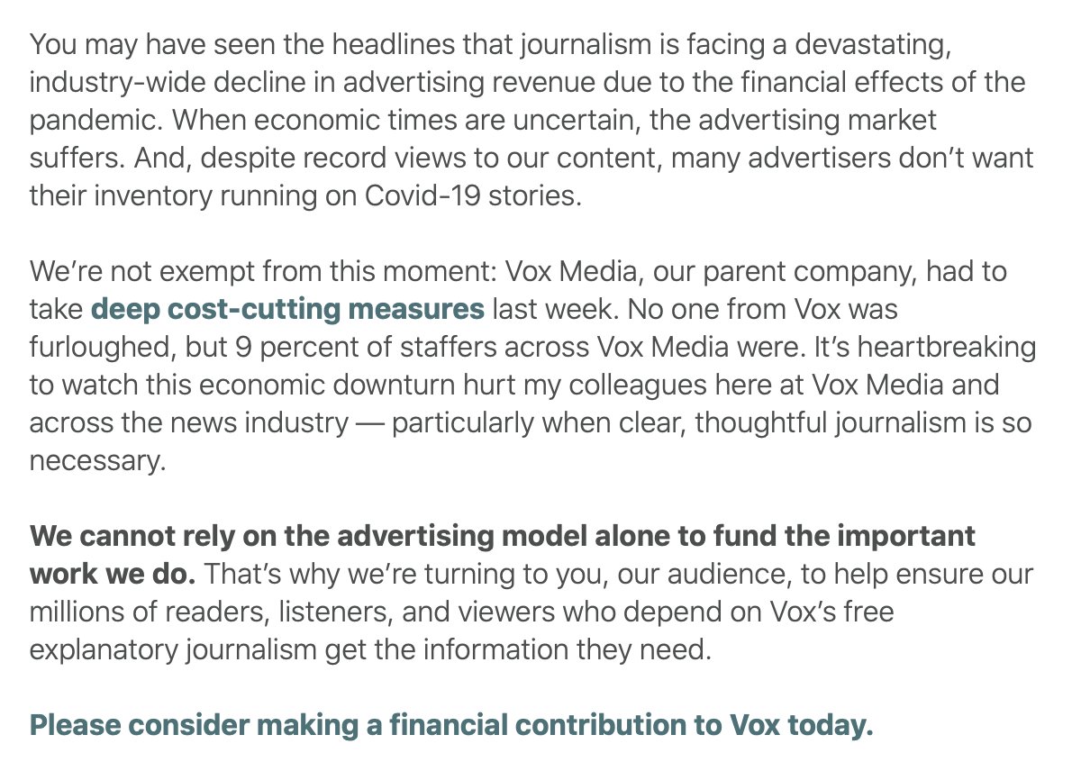 I say that as a longtime fan of Vox and Vox Media, which I think is the best of the big VC-backed digital media companies.But it is still jarring to see it hit this disaster-telethon tone, asking for "gifts" from readers.