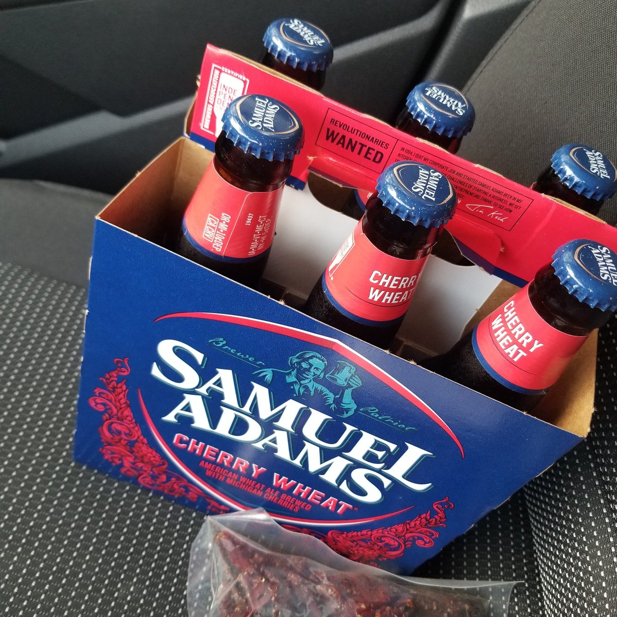 PropersPlace's tweet photo. Not even #Quarantine can keep us apart. My Love Samantha riding shotgun with me back with me to the house where... We about to do some things. @SamuelAdamsBeer #CherryWheat https://t.co/x9dLlxM06z