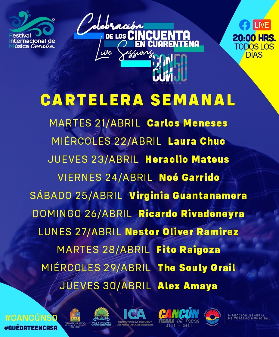 FIMcancun's tweet photo. Seguimos con nuestra Celebración de los 50 en Cuarentena Live Sessions 🎉 

Grandes músicos nos acompañan para cerrar con broche de oro 🎉 Todos los días a las 3 y 8 p.m. 👉 Facebook Live👈 #QuédateEnCasa
SÍGUENOS, DISFRUTA Y COMPARTE
nuestra CELEBRACIÓN
#FIMCancún #Cancún50 https://t.co/PXrsceigAw