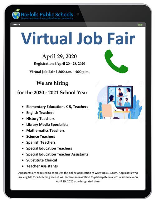 NPSchools_VA's tweet photo. NPS is hosting a virtual job fair on April 29!

This is a #FriendlyReminder that those who are interested are required to complete an online application at https://t.co/Ae1ZQycEHy between now, and April 28.

#WeAreNPS and #WeAreHiring... #JoinOurTeam! https://t.co/A1WtQIypKW