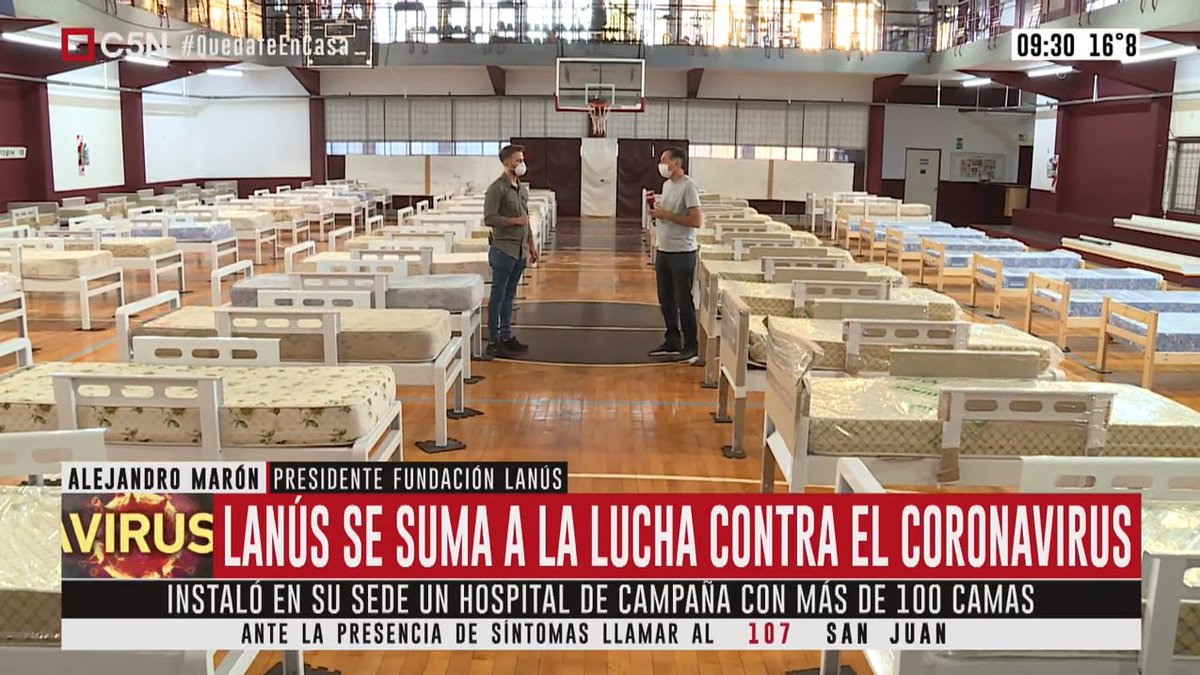 C5N's tweet image. #CoronavirusArgentina

🛏 El @clublanus conformó un hospital de campaña en su sede: hay más de 100 camas que podrán ser utilizadas para pacientes con COVID-19 → youtu.be/VNP1W9hmkwQ 

👉🏼 Informa Nacho Prieto