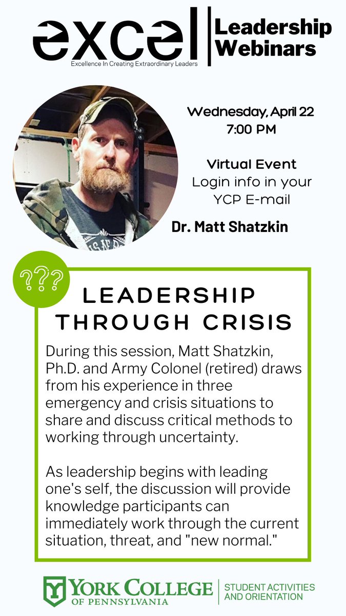 YCPactivities's tweet photo. FREE PROFESSIONAL DEVELOPMENT 
Tonight's webinar w/ Dr. Shatzkin will dive into leading through challenging situations. He's excited to connect w/ you! TONIGHT @ 7:00 PM
Check your YCP email for login info #YCPLeaders #YorkTogether

https://t.co/qbMWO5m2xZ https://t.co/Znr7IMGzsi