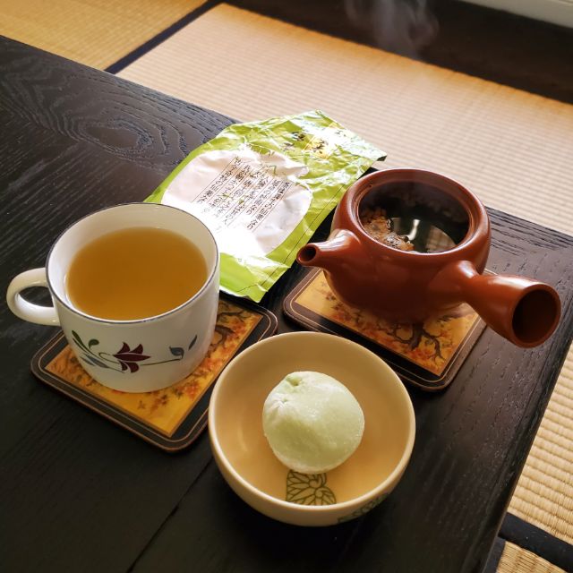 Daily tea time.GenmaichaGreen tea with toasted brown rice, this is great at any time of the day and goes with nearly anything sweet or savory (went with "sweet" in this case - that's some mochi ice cream with it).