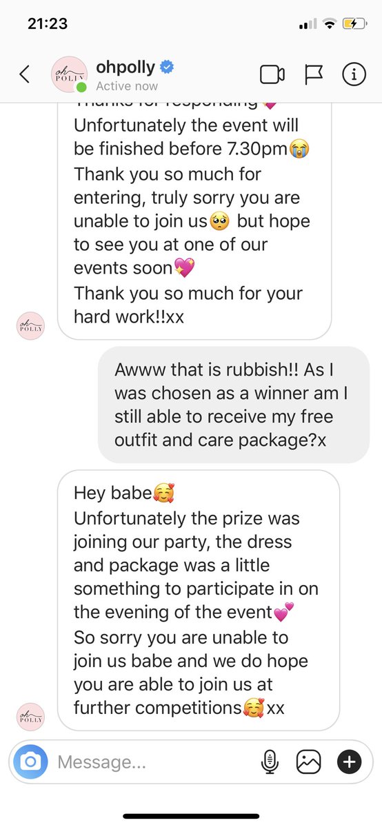 Surely defeats the purpose of a comp to support frontline workers??? Being told you’ve won and then getting your prize taken off you because you are WORKING in this pandemic  Also Oh Polly deleting the original message when I said I can’t attend?? I see you x