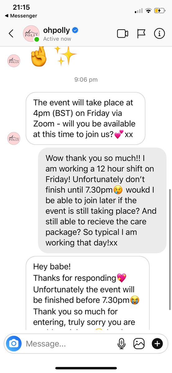 Surely defeats the purpose of a comp to support frontline workers??? Being told you’ve won and then getting your prize taken off you because you are WORKING in this pandemic  Also Oh Polly deleting the original message when I said I can’t attend?? I see you x