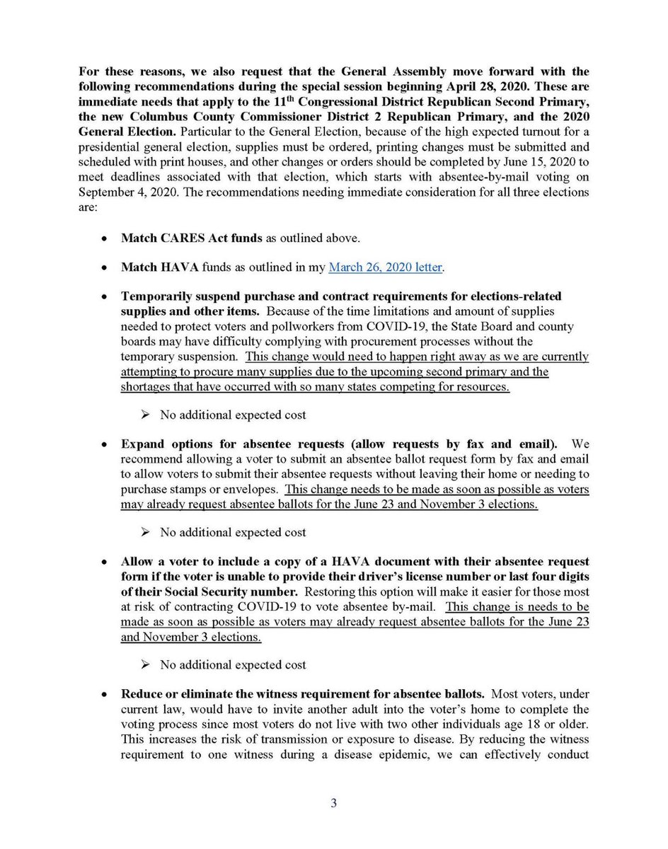 Modified recommendations from  #ncsbe Director Karen Brisson Bell for  #ncga session starting this week. She says some needed ASAP to apply to June 23 primaries in 18 counties and the rest in next few weeks. Images in this and next tweet. /1  #ncpol