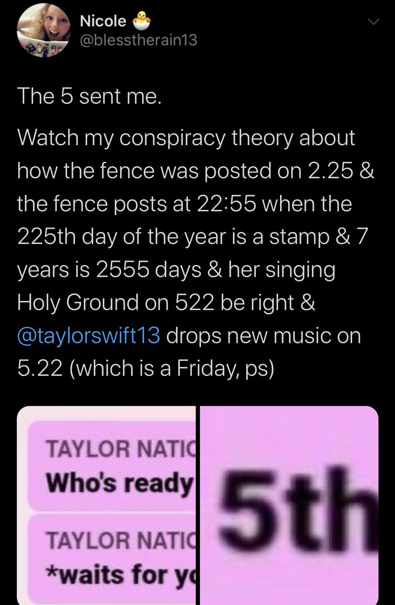 Lowkey need my  @taylorswift13 fence conspiracy theory to be involved in this double album theory somehow because I just realized that 5885 & 85 days after we got The Man MV with 58 years later is May 22 aka 5.22 & if ALL the 225 stuff is just a coincidence I will be v scared.