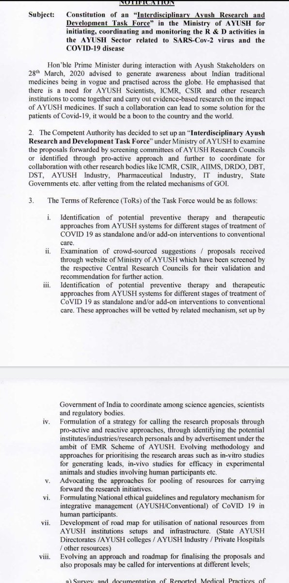 The government has constituted a Interdisciplinary AYUSH R&D Task Force. This was on Apr 2, 2020. Pl see the terms of reference.< https://icssr.org/sites/default/files/Notification on task force002.pdf>