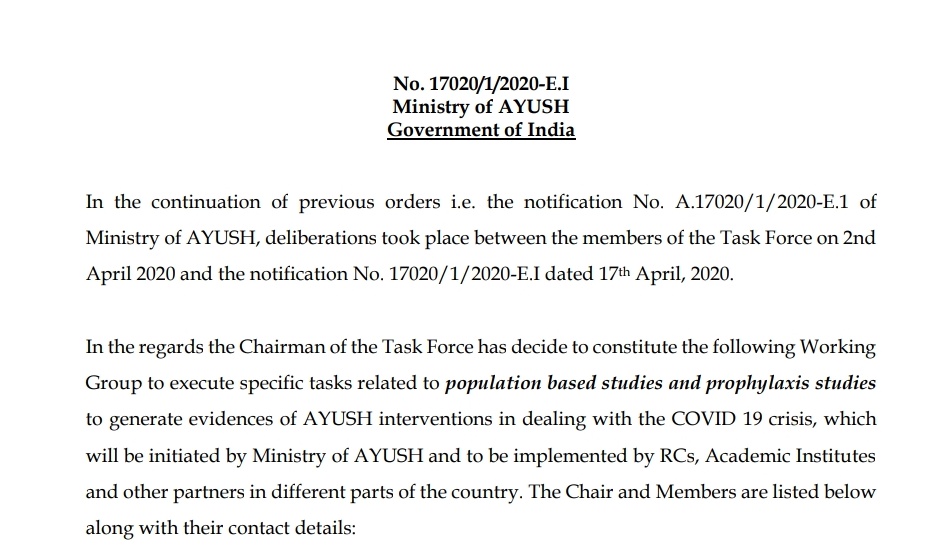 On 17 Apr 2020, the above notification was continued and a Working group for "population based studies and prophylaxis studies" was formed. This is a very significant step for the advancement of Ayurveda specifically and AYUSH in general. Pl see screenshot.