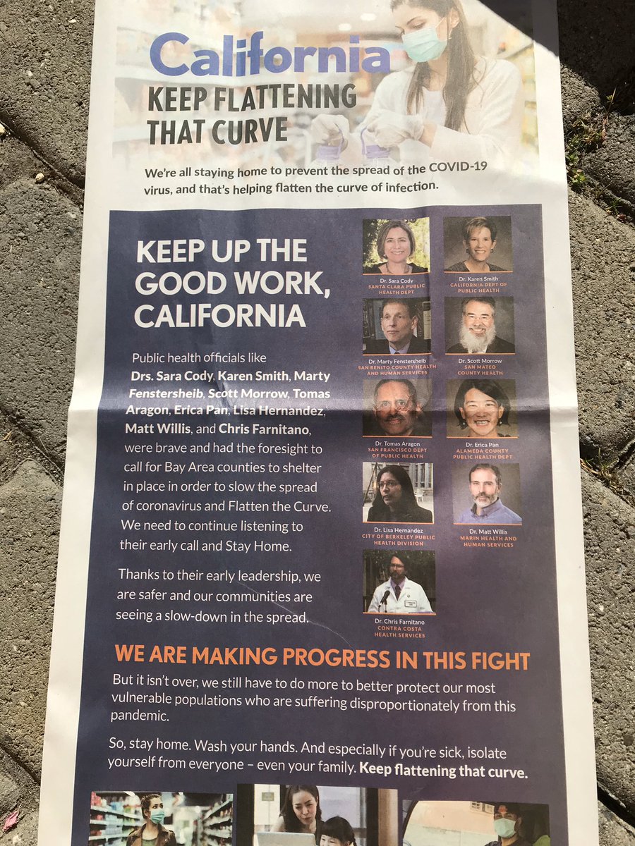 sanmateoco's tweet photo. Nice ad placed in the @sfchronicle by the @CalEndow acknowledging our Bay Area health officers for their foresight to shelter in place to prevent spread of #COVID19 and reminding us all to continue to #FlattenTheCurve by staying home, washing hands and wearing a face covering. https://t.co/28GOc4Fh2L
