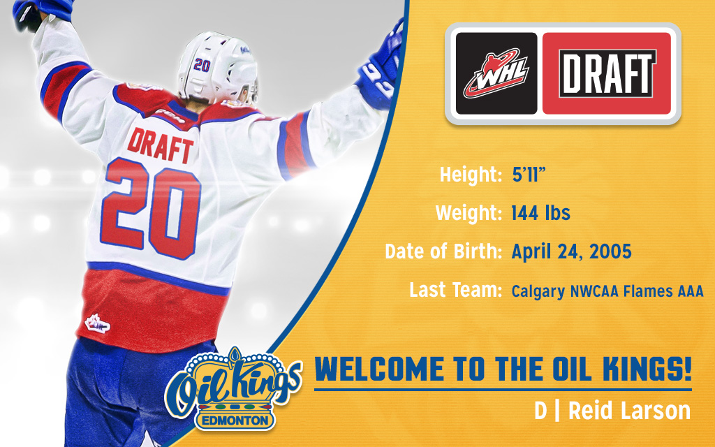 EdmOilKings's tweet photo. With the 174th pick in the #WHLBantamDraft, your #OilKings have selected D Reid Larson from the Calgary NWCAA Flames BAAA! #allhail https://t.co/h2Va3v7ocU