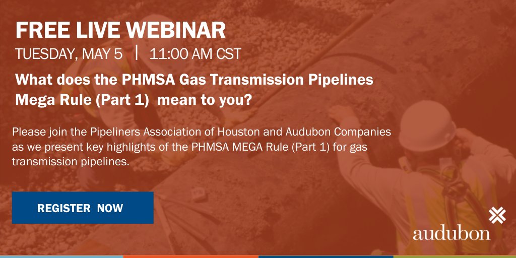 AudubonCo's tweet photo. Learn about the PHMSA's new rules to overhaul #pipelisafety. In this webinar, we will comprehensively discuss the new practices in the PHMSA #MegaRule.
Register now and earn one Professional Development Hour (PDH) credit from @HoustonPipelinr https://t.co/Ji8YLhZCAu #Audubon https://t.co/Z3wb7UHx3y