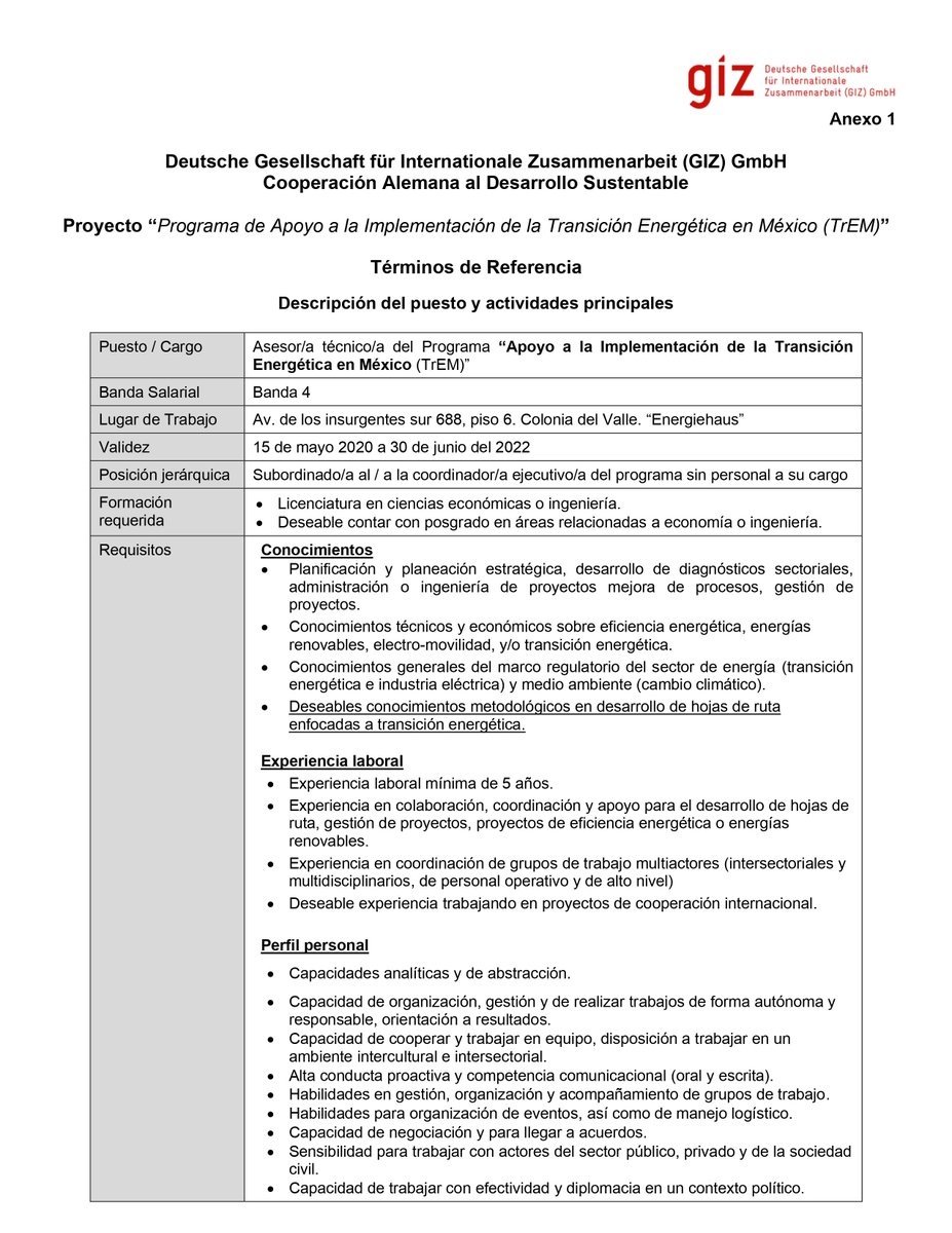 Observacoop's tweet photo. 💻#Vacante
🇩🇪#GIZ busca Asesor/a técnico/a del Programa “Apoyo a la Implementación de la Transición Energética en México (TrEM)”
📩Manda tu #CV y carta de presentación a  recursoshumanosmx@giz.de
🗓️Tienes hasta el 11 de mayo https://t.co/Y7ZE17mBMv