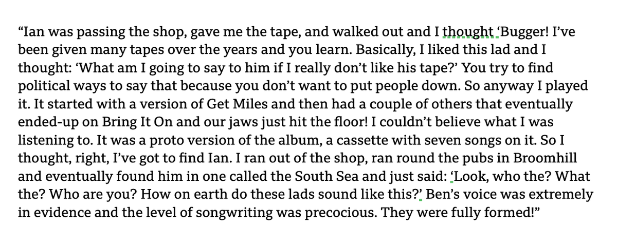 The band's first manager, Stephen Fellows – who was in Comsat Angels – was working in a record shop when Ian have him  @gomeztheband's demo, the rump of Bring It On. His reaction is lovely and makes it clear how ready those demos were [read below]  #timstwitterlisteningparty