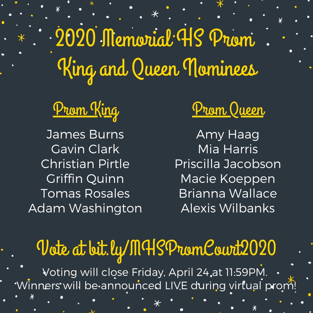 MHSWarriorStuCo's tweet photo. StuCo presents...your 2020 MHS Prom King and Queen nominees! 👑 Final voting is NOW OPEN and closes Friday, 4/24 at 11:50PM. Winners will be announced LIVE during virtual prom this Saturday!

https://t.co/1MYfVikVFd

@2018Memorial @MHSWarriorMedia https://t.co/1RXTslrhpT