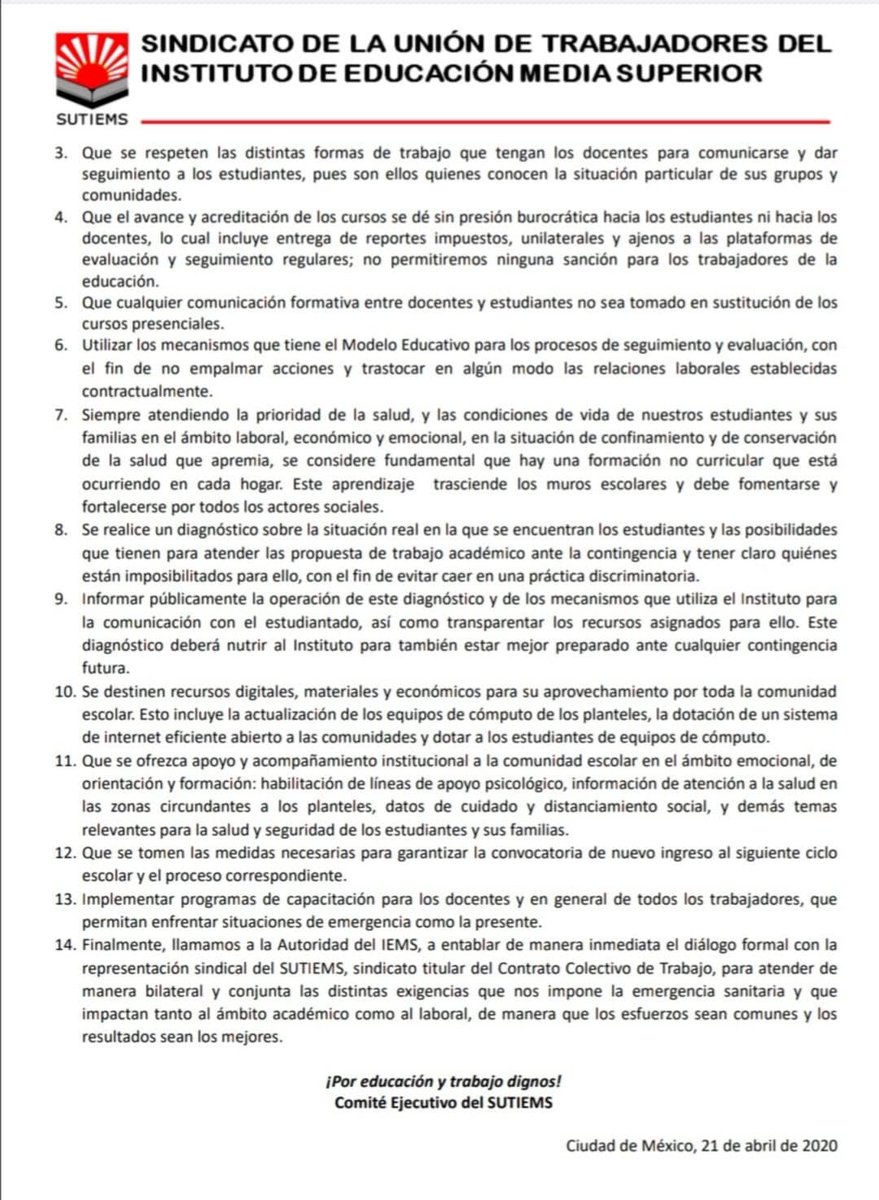 SutiemsOrg's tweet photo. Pronunciamiento del @SutiemsOrg NO A LA BUROCRATIZACIÓN DE LA EDUCACIÓN POR ENCIMA DE
LA ATENCIÓN A LA EMERGENCIA SANITARIA
@IEMS_CDMX @SECTEI_CDMX @Claudiashein @lopezobrador_  #COVIDー19 @SDeFirenze https://t.co/OMmyt9VsO0