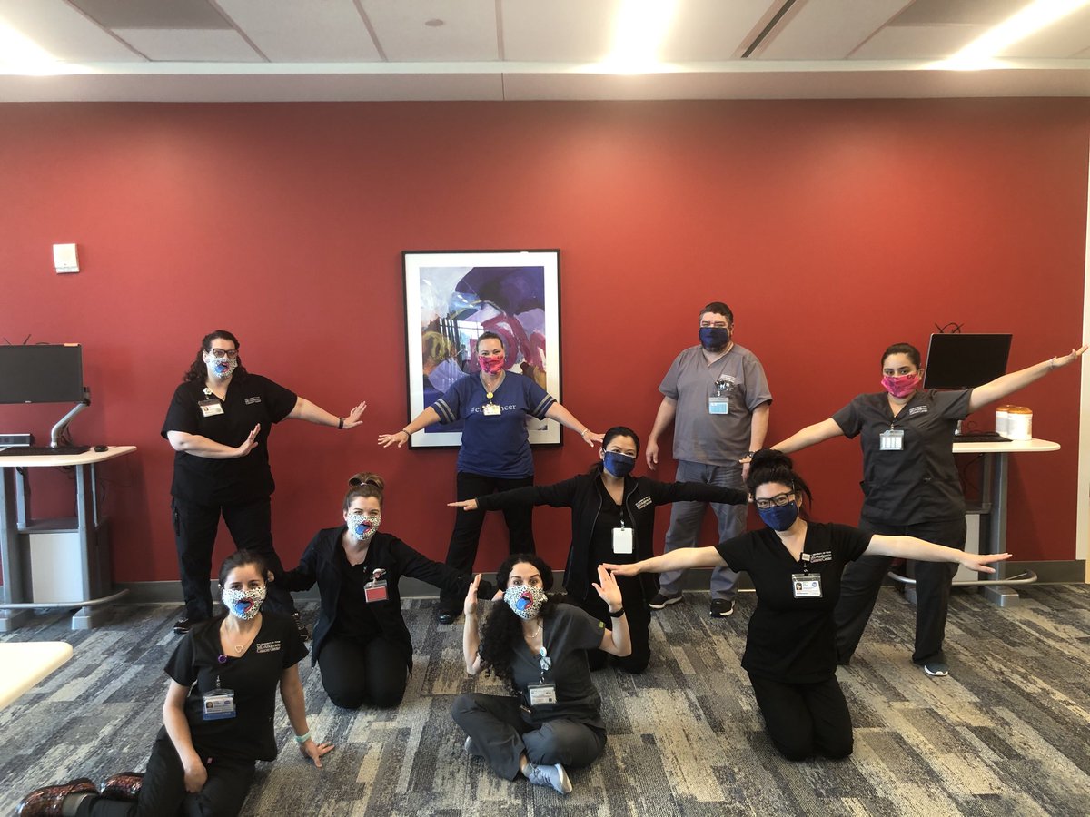 Awesome ⁦<a href="/MDAndersonNews/">MD Anderson Cancer Center</a>⁩ West Houston nursing team sporting masks donated by ⁦<a href="/goldsheeptweets/">GOLDSHEEP CLUBHOUSE</a>⁩. Thanks for keeping us safe!