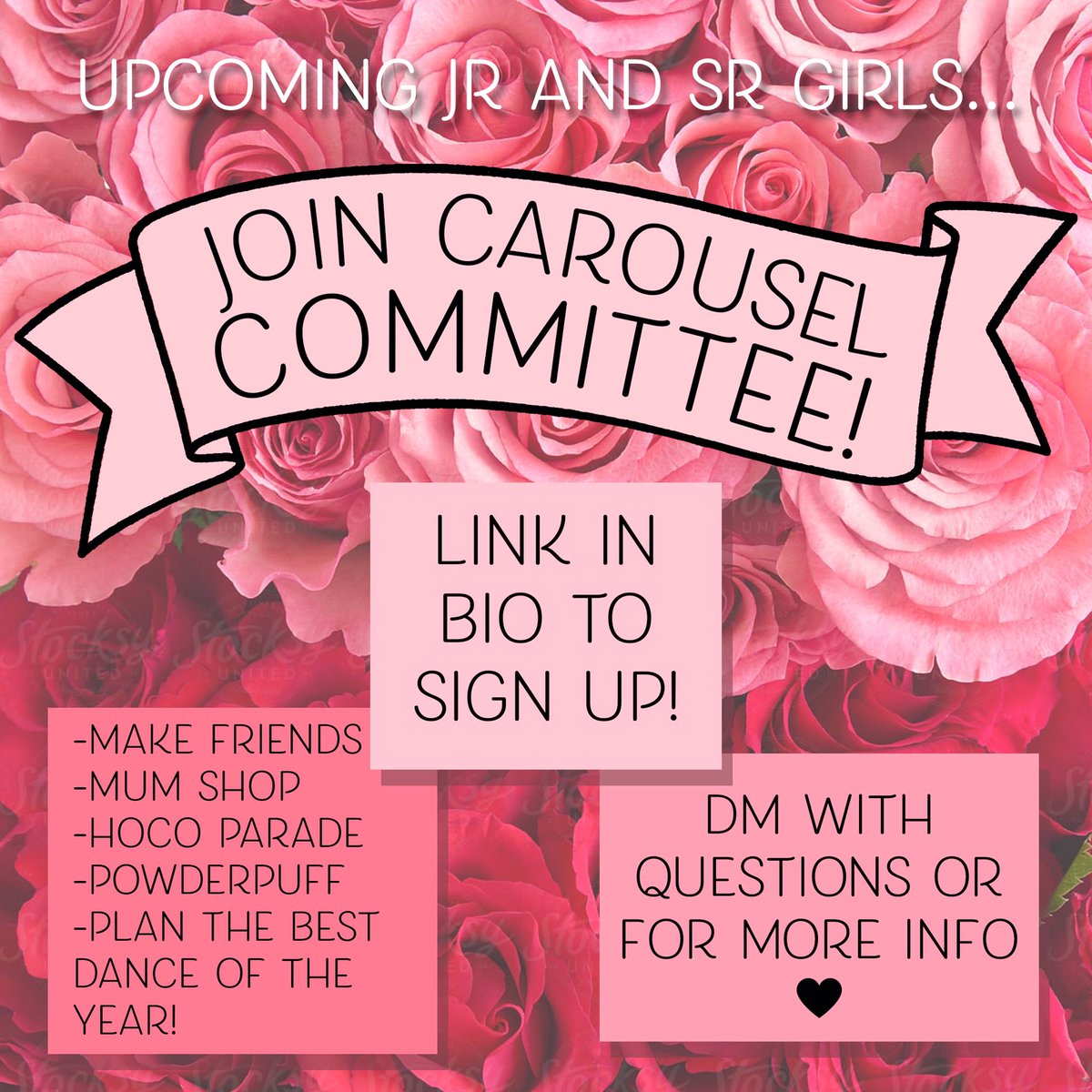 CarouselofRoses's tweet photo. UPCOMING JUNIORS AND SENIORS...
Join!! Carousel!! Committee!! 🌟

Make friends, volunteer at the mum shop, walk in the hoco parade, play in powderpuff, and help get ready for Carousel 2021! 

go to https://t.co/L8LaVEcOTf to sign up 🌹❤️ https://t.co/yYBU3Ngfjs
