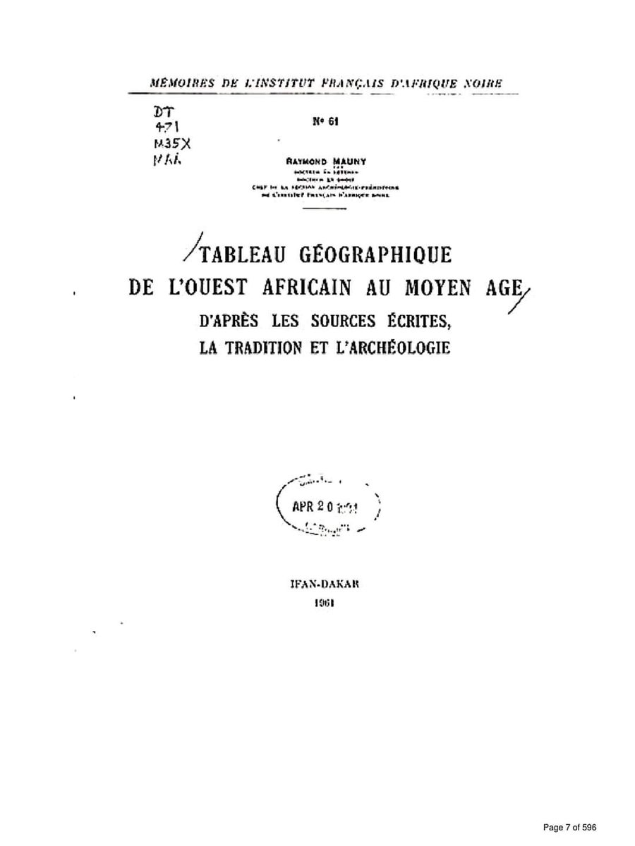 bibSanhadja's tweet photo. Raymond Mauny, Tableau Géographique de l'Ouest Africain au Moyen Age, d'Apres les Sources Écrites, La Tradition et L'Archéologie, Ifran-Dakar 1961.pdf

https://t.co/QahOQbJ2Mr https://t.co/6nX1Wb4wBO