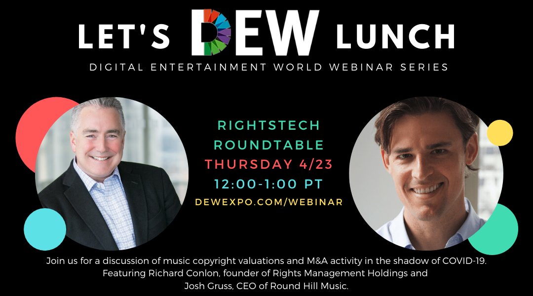 dmwnews's tweet image. Tomorrow on #LetsDEWLunch, join us for a discussion on the current investment climate for music copyrights, featuring Richard Conlon of Rights Management Holdings, and Josh Gruss of Round Hill Music. Sign up here! buff.ly/351whxJ