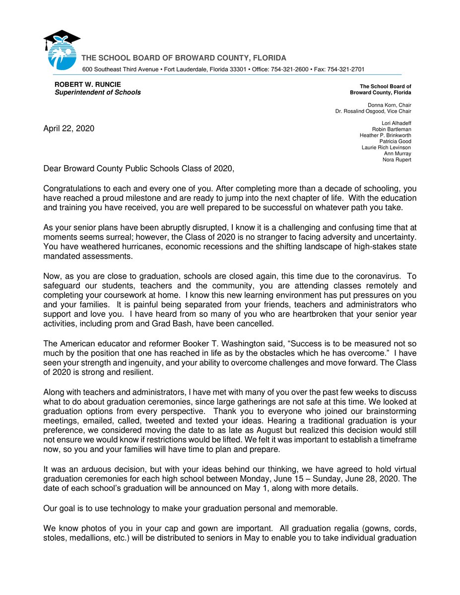 flanagan2020's tweet photo. Due to the current magnitude of the COVID-19 situation, graduation is going to be held virtually for all Broward County Schools. Graduations will be held from June 15-June 28th. The schedule has not been released yet but we will let everyone know when we have a date. Stay safe. https://t.co/UZzRMrs1CS