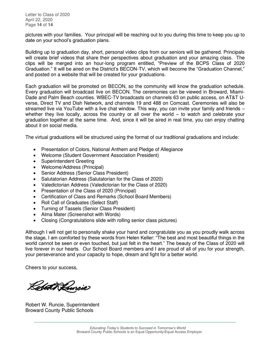 flanagan2020's tweet photo. Due to the current magnitude of the COVID-19 situation, graduation is going to be held virtually for all Broward County Schools. Graduations will be held from June 15-June 28th. The schedule has not been released yet but we will let everyone know when we have a date. Stay safe. https://t.co/UZzRMrs1CS