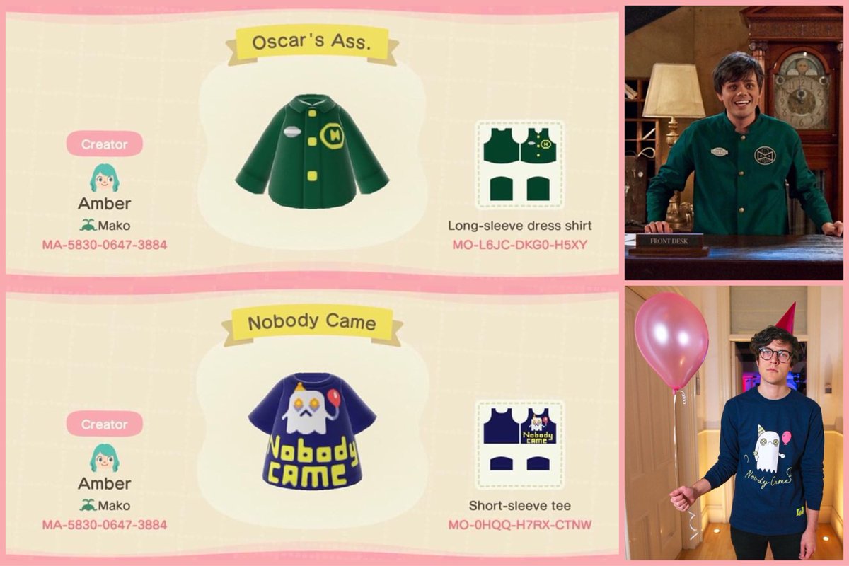 AmberAtlantis's tweet photo. I made some @kickthepj / Oscar’s Hotel merch for New Horizons, please enjoy! #ACNH #OscarsHotel https://t.co/lIM8dMCfem