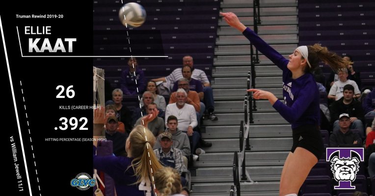 TrumanAthletics's tweet photo. Here is today's Truman Rewind, where we look back at the past year and notable performances. We start with Ellie Kaat who put up a career high 26 kills in a 3-2 @TrumanVB win over William Jewell on November 1. 

Replay of the game can be found here: https://t.co/a5jF45FdAK https://t.co/my2hUmkVAB