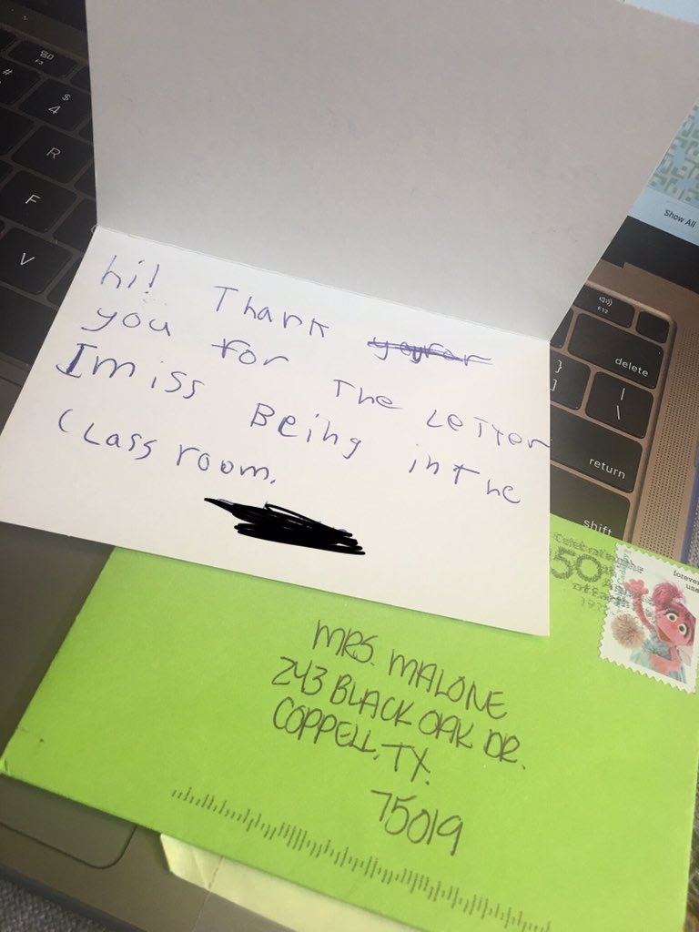 Cmalone3's tweet photo. #westfam
#cisdtogetherathome
what a gem 💎
a thoughtful thank you note with a priceless statement of missing the “classroom”
#Raok
#missingthestudents https://t.co/FUMy6cc2XT