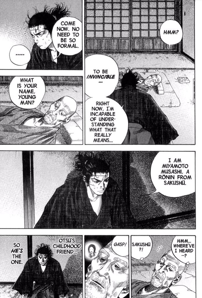To exude this much suspense from two men in a small room, with very few words exchanged and one sleeping nearly the whole time, it’s just, and to further characterize Musashi through it by associating nearly identical scenario to one he had with his father, it’s just unreal