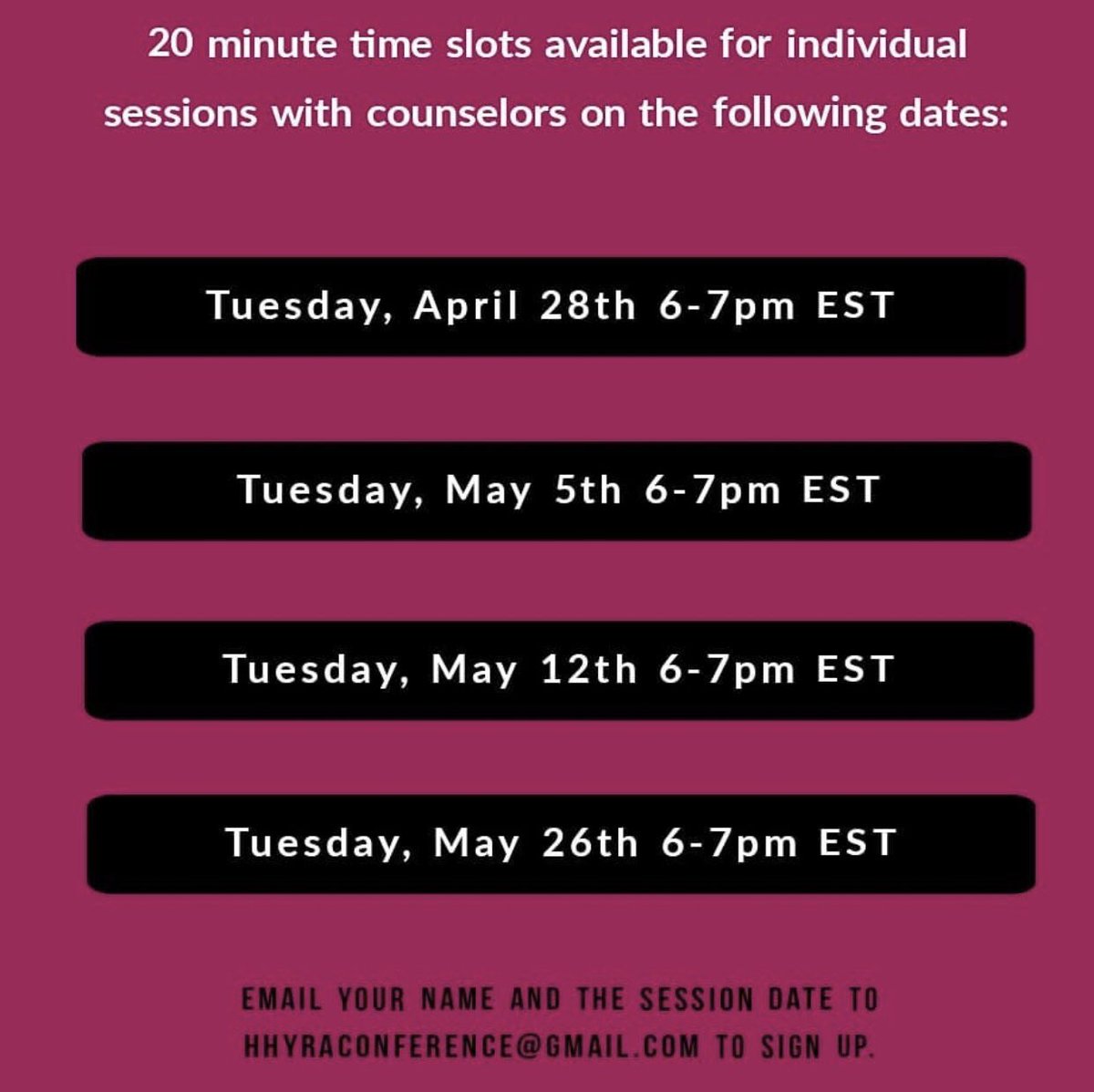 hhyrac's tweet photo. The HHYRA will be holding individual  listening sessions with social work professionals to debrief thoughts and feelings during these troubling times every Tuesday beginning at 6pm EST for the next 4 weeks. Register for a 20 minute slot by emailing hhyraconference@gmail.com. https://t.co/tZaDlrTAD6