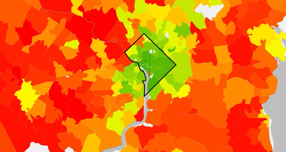 This map from  @CoolClimateNw is household carbon emissions in the DMV.Notice how DC and its immediate suburbs have lower household emissions? That's chiefly because of higher-density development that conserves energy & facilitates the use of public transit, biking, or walking.