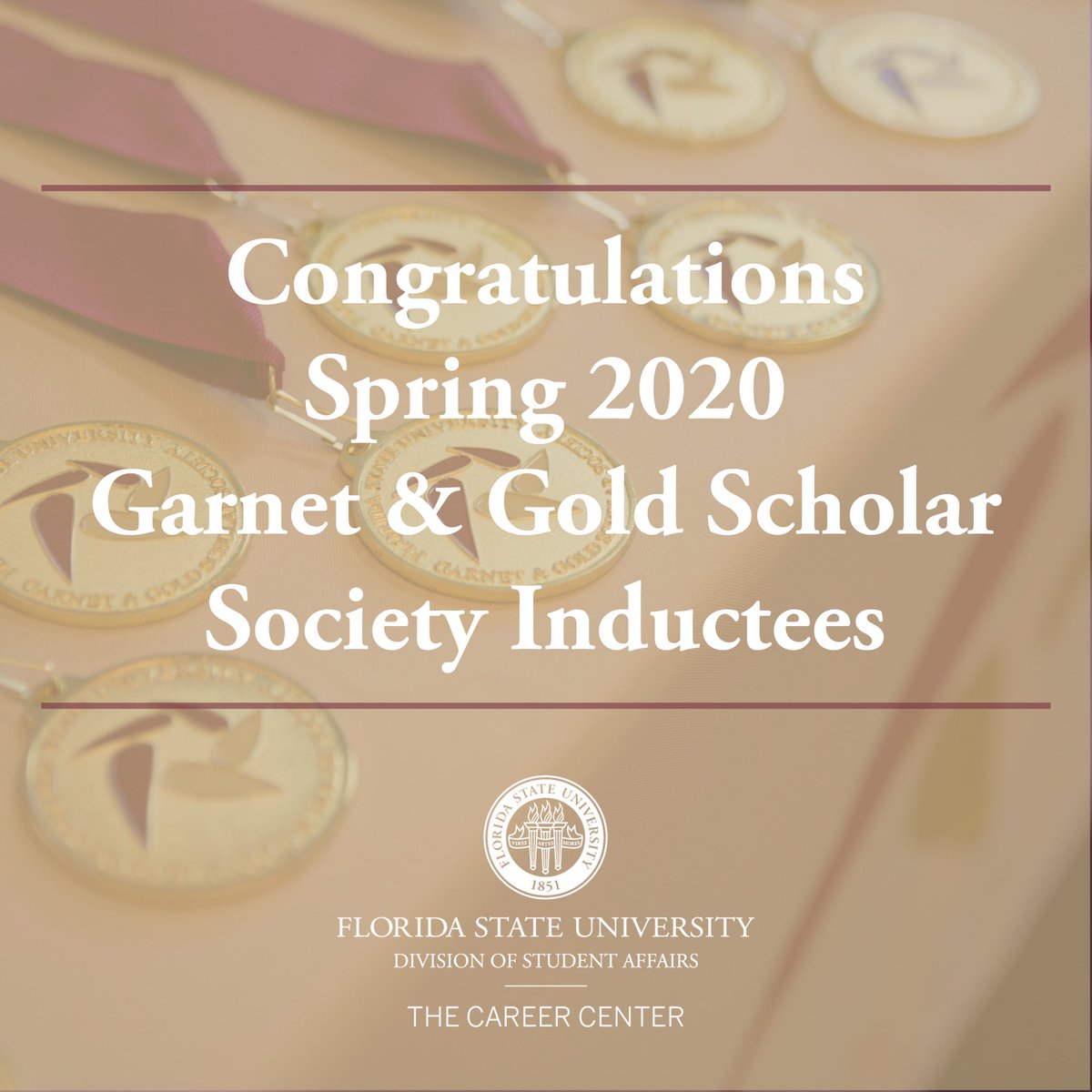 FSUCareerCenter's tweet photo. Congratulations to the 316 students who have been inducted into the Garnet &amp; Gold Scholar Society for the Spring 2020 semester! 

Watch our virtual induction ceremony to hear messages from FSU dignitaries and to learn more about each inductee.

https://t.co/PPplkpp3eU

#GGSSFSU https://t.co/YXTQGnue93