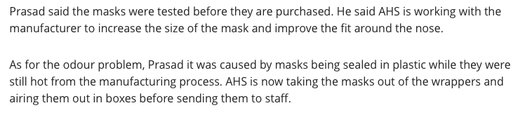 We need to see:- AHS purchasing specification for these masks- how Vanch was qualified as a supplier- the test results of the pre-purchase samples- the QC test results before release to front line https://www.cbc.ca/news/canada/edmonton/alberta-procedural-masks-health-care-1.5539134