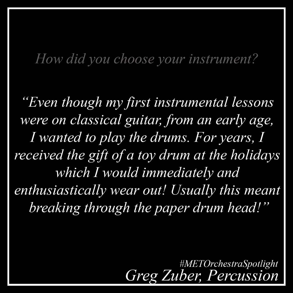 METOrchestra's tweet photo. In our first installment of #METOrchestraSpotlights, we are thrilled to feature Greg Zuber (@GregZuber1), Principal Percussionist of the #MetOrchestra. Scroll through to get to know our esteemed colleague a little better! 🥁 https://t.co/r7tHXHYaIP
