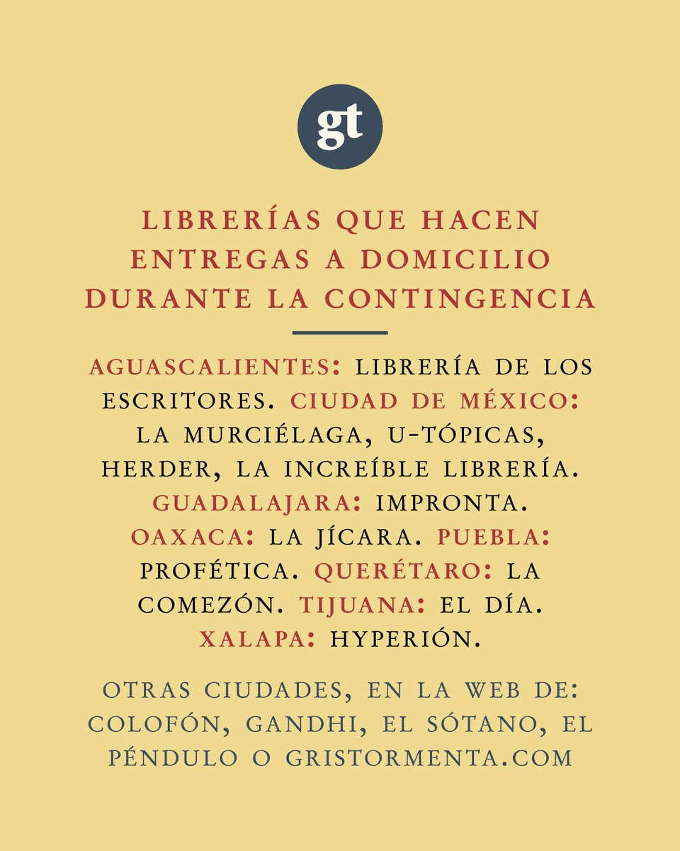 Estas son algunas de las librerías que siguen entregando libros a domicilio durante esta contingencia y que distribuyen nuestros libros y los de otras editoriales independientes. 🚴🏽📚🦠  

 #ApoyaATuLibreria 
#CrisisCompartida
#ApoyaALasIndependientes