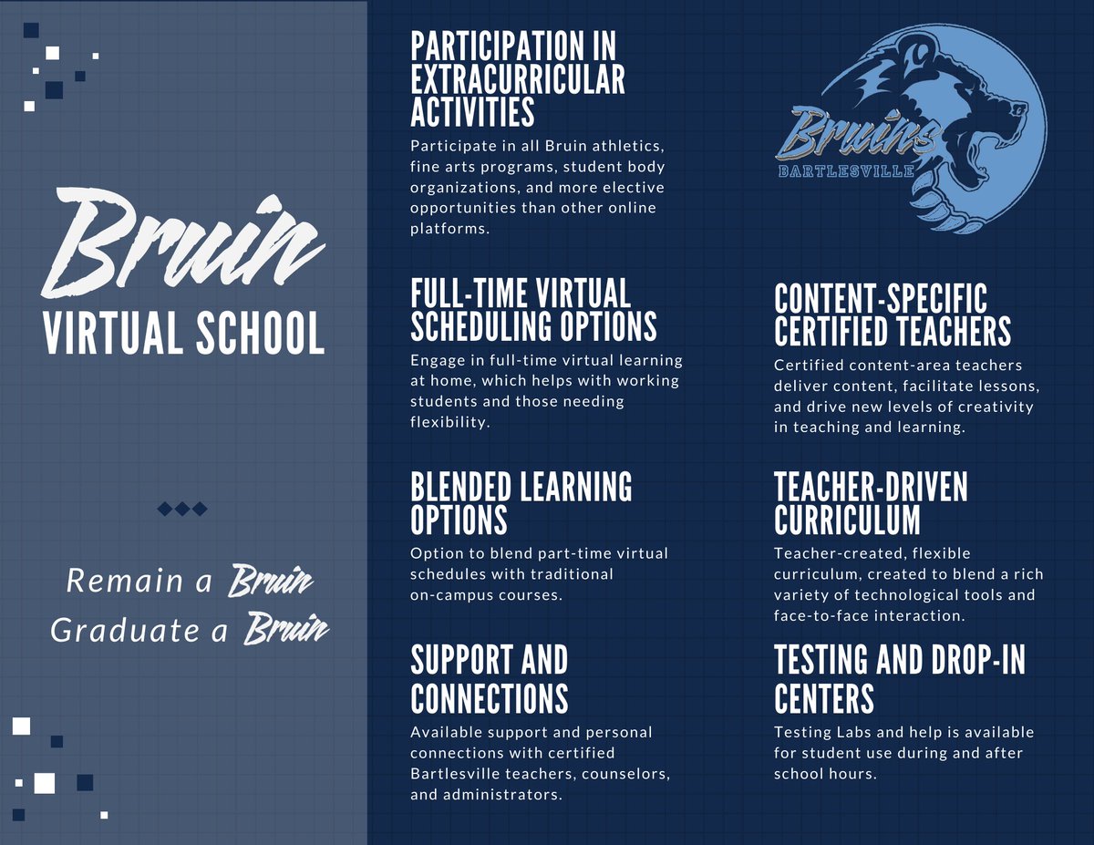 BruinVirtual offers flexibility to 6-12 grade students through a full-time or blended online program. Students can participate in athletics, fine arts, and school organizations. Visit the website see the FAQ, fill out the interest form, or enroll at bruinvirtual.com.