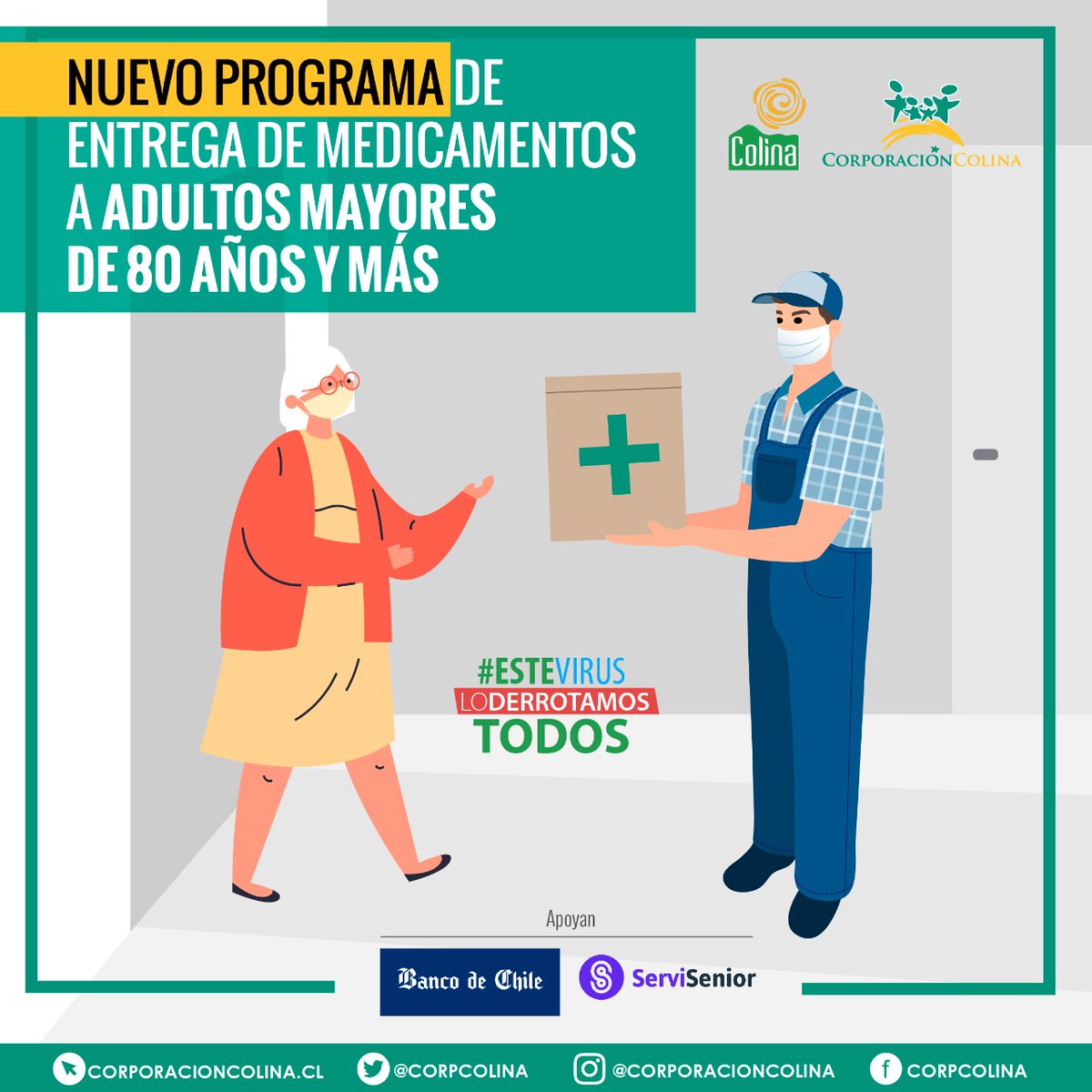 CorpColinaSalud's tweet photo. #EsteVirusLoDerrotamosTodos | Ya está funcionando el nuevo programa de reparto de medicamentos a adultos mayores de 80 años y más. 👏👏 Este programa cuenta con el apoyo de @bancodechile  y la empresa @servi_senior.
@MuniColina @mario_olavarria
@ColinaCultura @colinadeportes https://t.co/gepcZ8PIAD