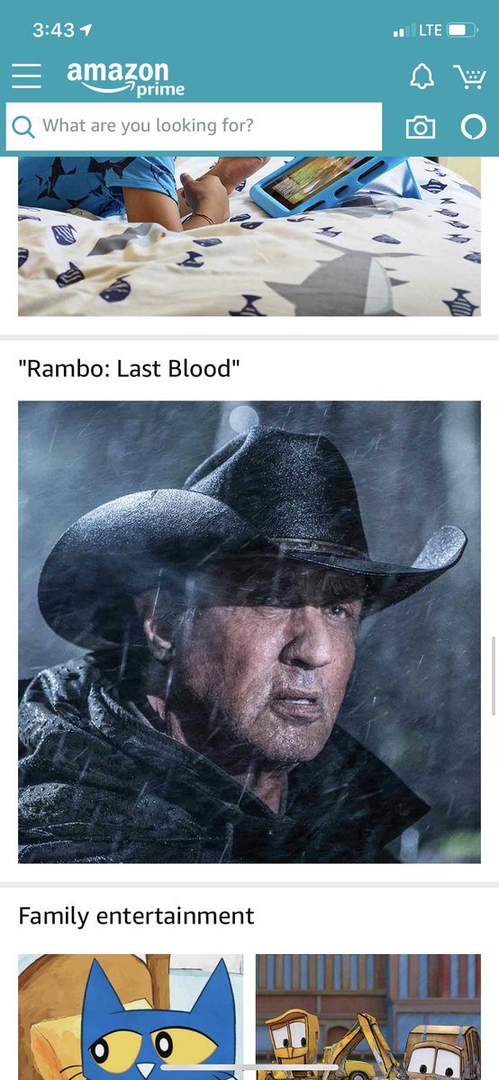a2emily's tweet photo. A favorite memory from quarantine will be @amazon’s commitment to Rambo on the home page for the duration of the pandemic. https://t.co/Jc3pl7MfFV