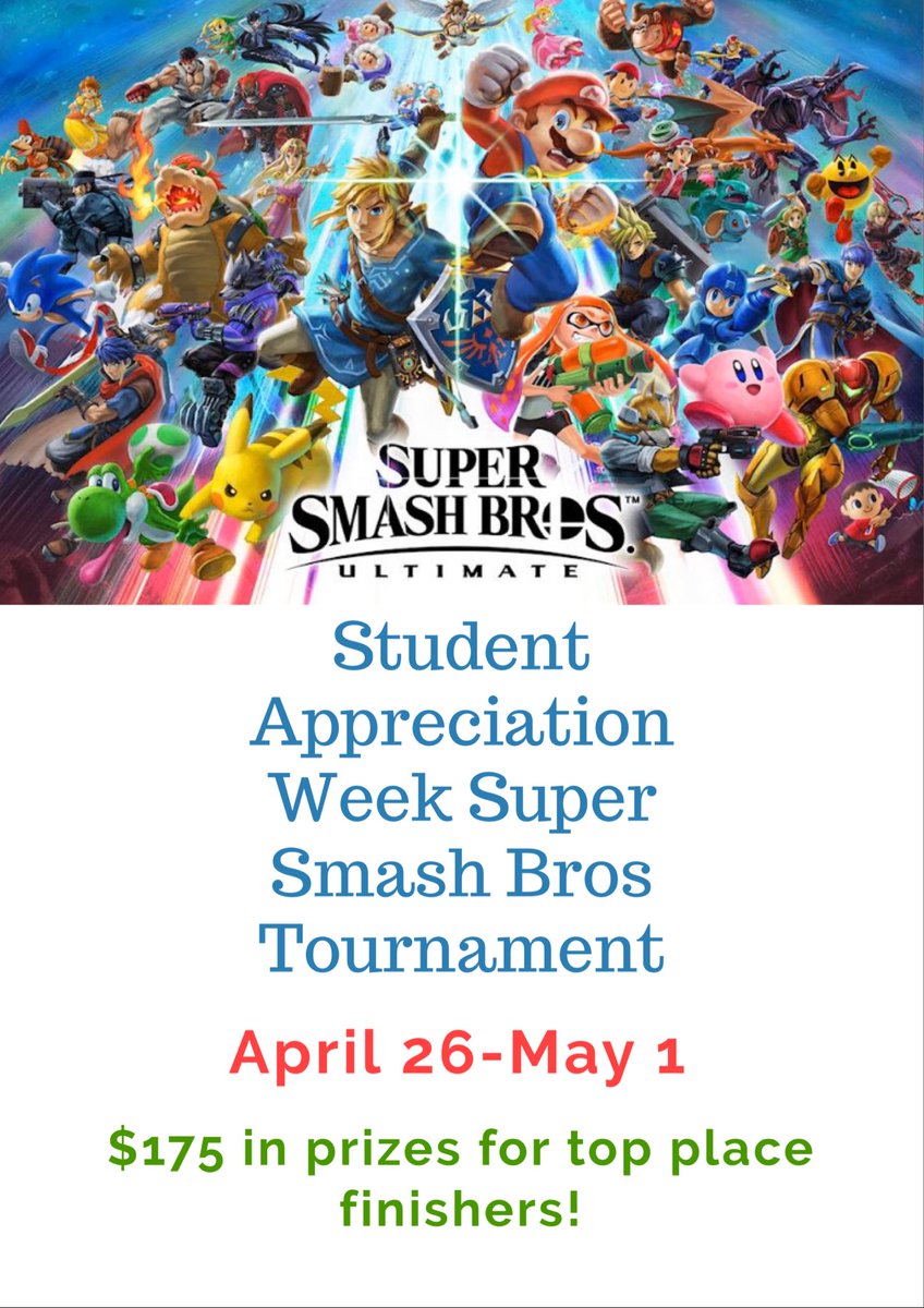 Cal U Students, please join us for our Super Smash Bros gaming tournament during Student Appreciation Week! Go to IMLeagues.com/cup to sign up today! If you have questions, please don’t hesitate to DM us! 😀🎮
