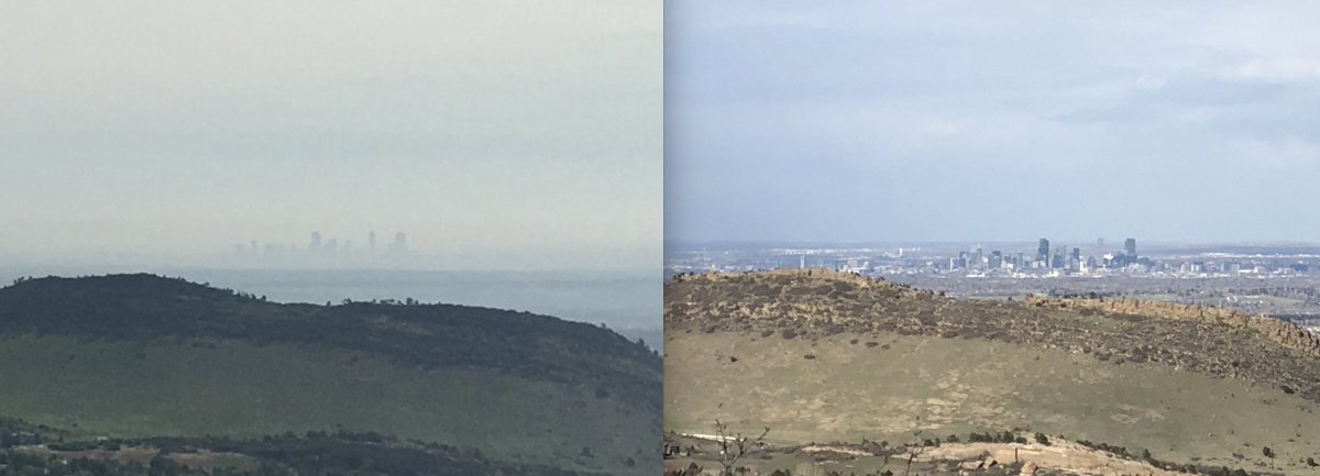 Happy #EarthDay !
Here are pictures of the Denver skyline last summer (left) and last week (right) during COVID #StayHome. 

Let's keep the clear air in the pic on the right. If you are an employer who is able to continue #remotework pls keep it going! #colorado <a href="/COAttnyGeneral/">Colorado Attorney General</a>